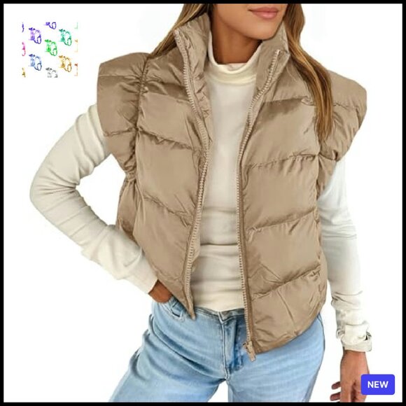 Cropped Puffer Vest Cap Sleeve Zip Up Quilted Gilet Winter Outerwear Chic - Picture 2 of 8